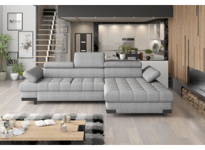 Diseño de sofá esquinero en forma de L con función cama, de cuero y tela, sofá multifuncional.