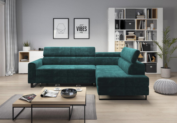 Sofá esquinero verde de tela, sofá tapizado de estilo moderno, sofá seccional en forma de L.