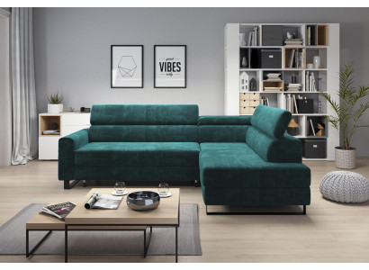 Sofá esquinero verde de tela, sofá tapizado de estilo moderno, sofá seccional en forma de L.