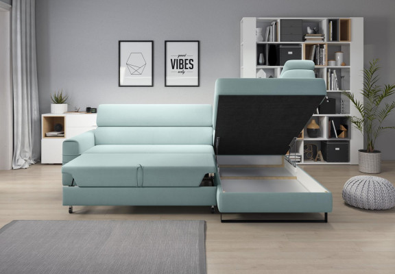 Sofá esquinero verde de tela, sofá tapizado de estilo moderno, sofá seccional en forma de L.