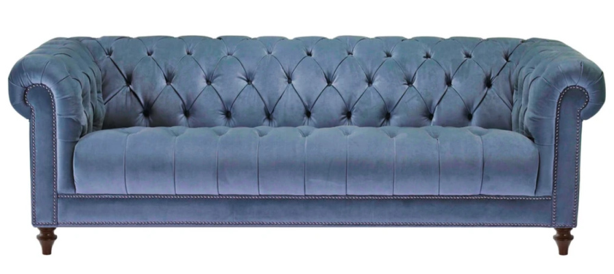 Azul claro sofá de diseño Chesterfield de tres plazas en tela, original y nuevo