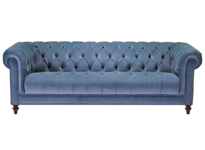 Azul claro sofá de diseño Chesterfield de tres plazas en tela, original y nuevo