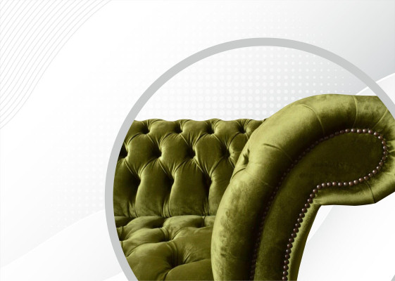 Chesterfield Sofá de tres plazas verde de diseño para la sala de estar. Nuevo en textil.