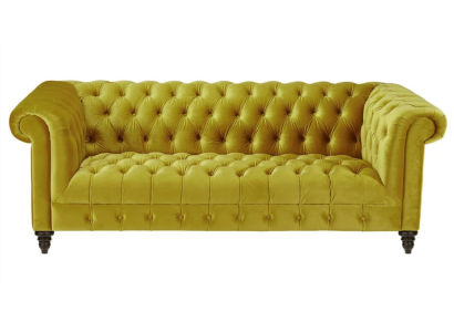 Amarillo Sofá de diseño moderno Chesterfield de tres plazas en tela, sofá nuevo, muebles originales.