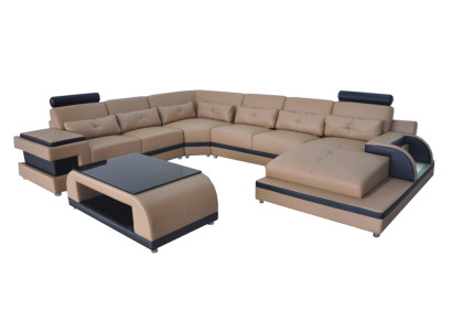 Lujo sofá de esquina acolchado de cuero con USB, mobiliario de sala de estar paisajístico.