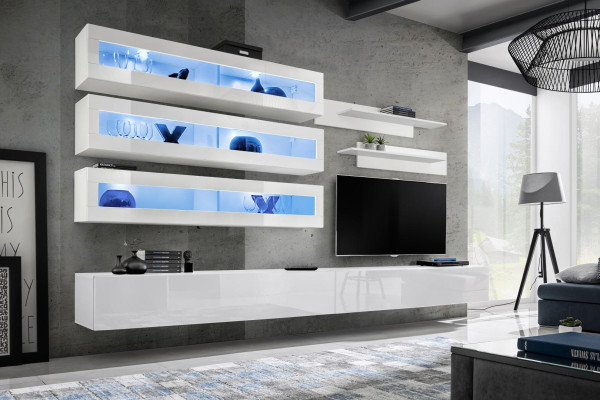 Conjunto de 7 piezas para la sala de estar en estilo de diseñador. Mueble de pared para TV, soporte para TV, 2 estantes de pared.