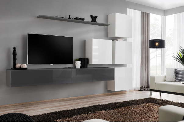 Estante de pared gris, soporte de TV, lujo completo, estilo moderno, sala de estar nueva decoración.