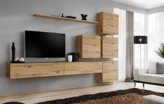 Conjunto marrón de 7 piezas, soporte de TV completo, estante de pared, diseño moderno.
