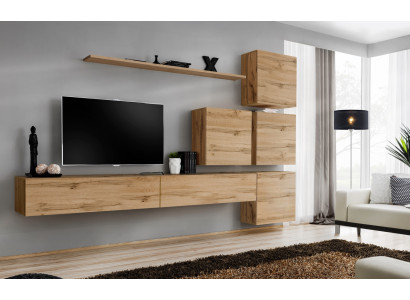Conjunto marrón de 7 piezas, soporte de TV completo, estante de pared, diseño moderno.