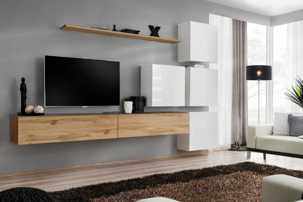 Conjunto de salón marrón de madera moderno, mueble de lujo completo con pared.