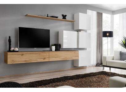 Conjunto de salón marrón de madera moderno, mueble de lujo completo con pared.