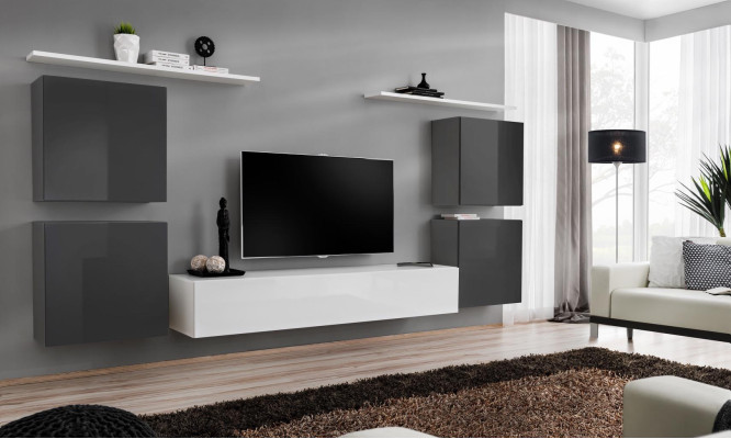 Sala de estar blanca conjunto de muebles de pared estantería para pared soporte para TV muebles de madera 2x vitrina conjunto de pared