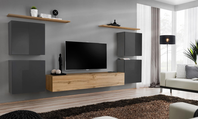Mueble de pared de lujo completo de 7 piezas, estante de pared de diseñador marrón para sala de estar con soporte para TV.