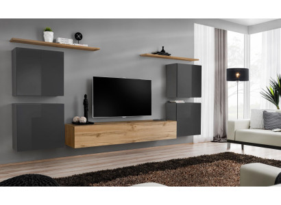 Mueble de pared de lujo completo de 7 piezas, estante de pared de diseñador marrón para sala de estar con soporte para TV.