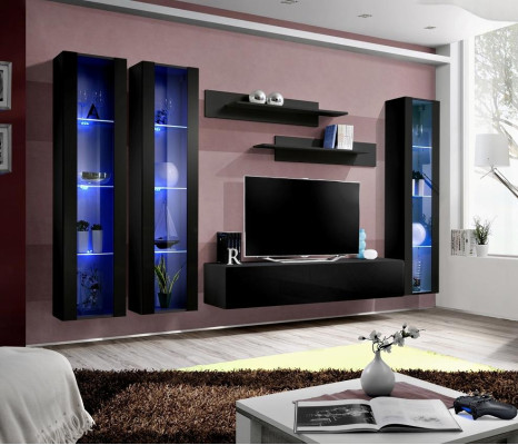 Conjunto de muebles modernos de madera para la sala de estar de 6 piezas en negro con vitrina colgante.