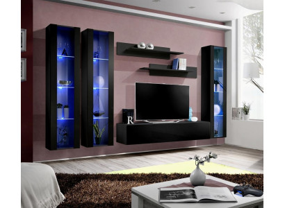 Conjunto de muebles modernos de madera para la sala de estar de 6 piezas en negro con vitrina colgante.