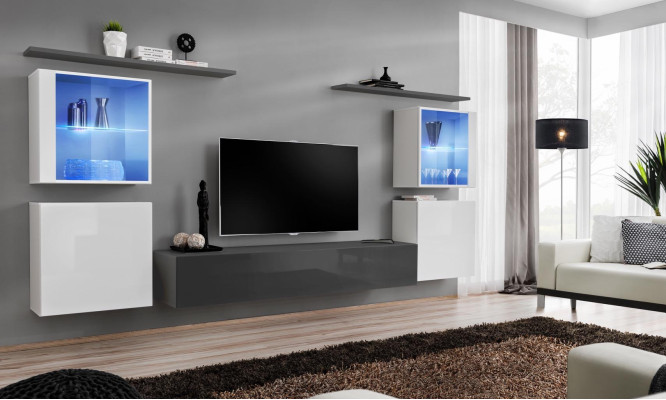 Conjunto de sala de estar de 7 piezas. Sideboard de lujo Soporte de TV Lowboard Estantes de pared Armario de pared