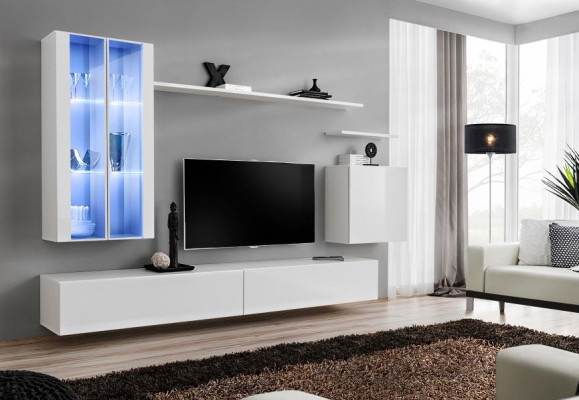 Mueble de pared de 7 piezas, 2 armarios colgantes, muebles de diseño, sala de estar, estilo moderno, soporte para TV.