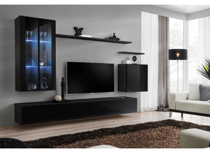 Muebles de salón, conjunto mural, armario de pared, aparador, negro, muebles de lujo de madera.