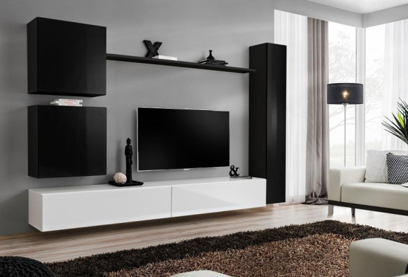 Muebles de madera de salón modernos en negro, mueble para TV y cómoda de decoración.