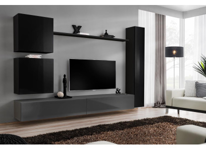 Mueble de pared, mueble de salón, conjunto de pared de 6 piezas, estante de pared de diseñador y aparador.