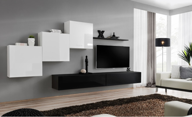 Mueble de salón completo en negro con soporte para TV, estantería de pared, armario de pared de lujo diseño.