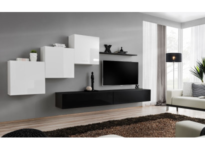 Mueble de salón completo en negro con soporte para TV, estantería de pared, armario de pared de lujo diseño.