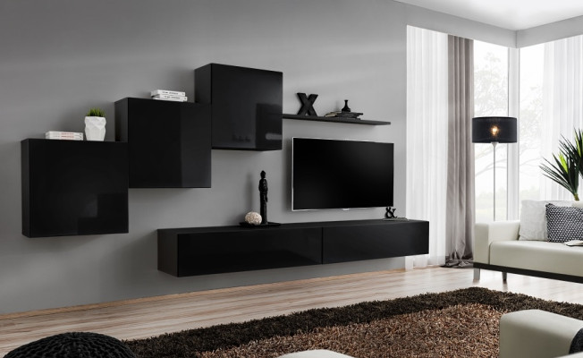 Conjunto de sala de estar: módulo de pared, armarios de pared, soporte de TV, estante de pared, aparador completo.