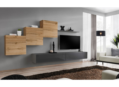 Muebles de salón de diseño en gris, mueble de TV, aparador moderno y estante de pared.