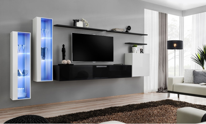 Conjunto de sala de estar negro, armario de pared, vitrina, paredes de sala de lujo, soporte para TV, diseño nuevo.