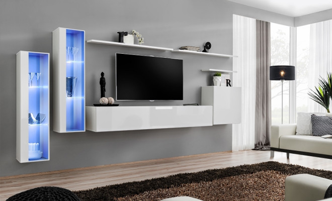 Blanco conjunto completo de pared para televisión, estante de diseño para sala de estar de lujo, armario para pared.