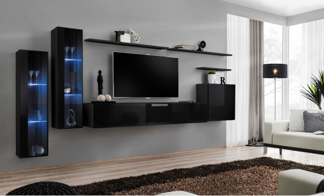 Negro conjunto de salón de lujo, compuesto por estantería de pared, vitrina y conjunto de muebles de salón.
