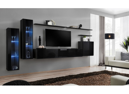 Negro conjunto de salón de lujo, compuesto por estantería de pared, vitrina y conjunto de muebles de salón.