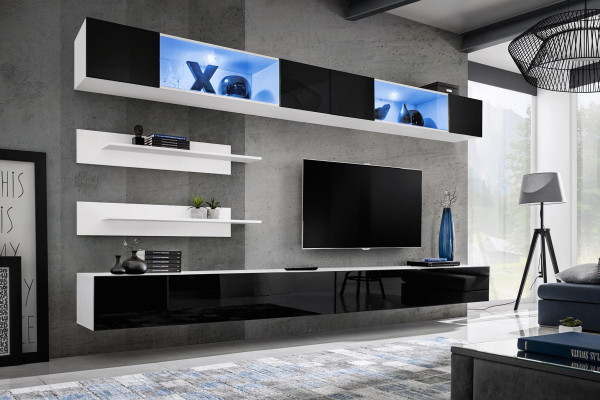 Conjunto de sala de estar de 6 piezas, lujosa pared de sala, armario de pared, 2x soportes para TV, diseño de mobiliario.