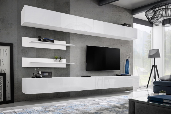 Juego de salón moderno de lujo de madera blanco - Muebles para la pared de la sala de estar, 6 piezas. Estante de TV.