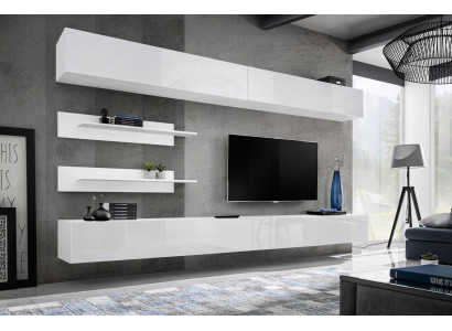 Juego de salón moderno de lujo de madera blanco - Muebles para la pared de la sala de estar, 6 piezas. Estante de TV.