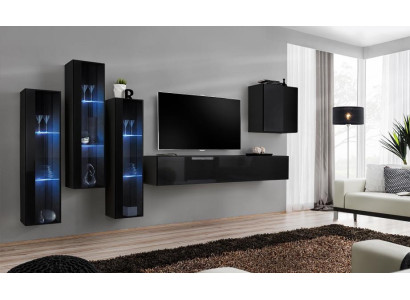 Conjunto de salón negro compuesto por vitrina, armario y estante de pared de 5 piezas.