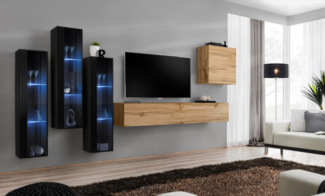 Mueble de salón moderno marrón, soporte de TV, armario de pared, muebles de madera de diseño de alto brillo.