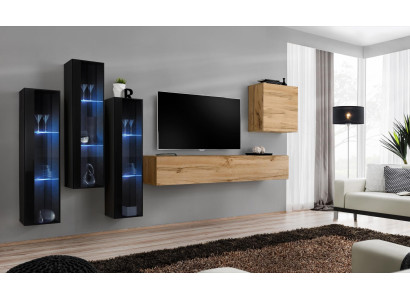Mueble de salón moderno marrón, soporte de TV, armario de pared, muebles de madera de diseño de alto brillo.