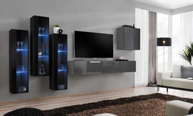 Mueble de salón gris de diseñador, soporte de TV completo, aparador de alto brillo, armario de pared.