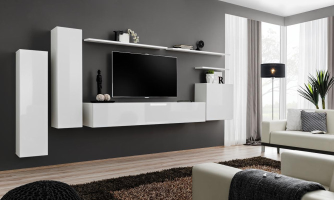 Conjunto de sala de estar de 7 piezas en blanco: aparador, estante de pared, soporte para TV, armario de pared.