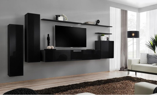 Conjunto completo de 7 piezas en negro, mueble de TV, estantería de salón, mueble de pared de diseñador.