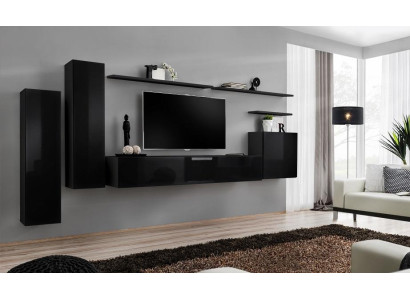 Conjunto completo de 7 piezas en negro, mueble de TV, estantería de salón, mueble de pared de diseñador.