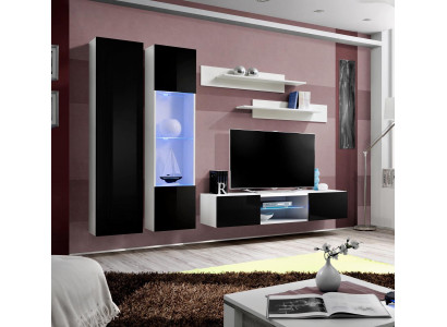 Mueble de pared completo para salón de diseñador, vitrina colgante, soporte de TV, estantes de pared de lujo de alto brillo.
