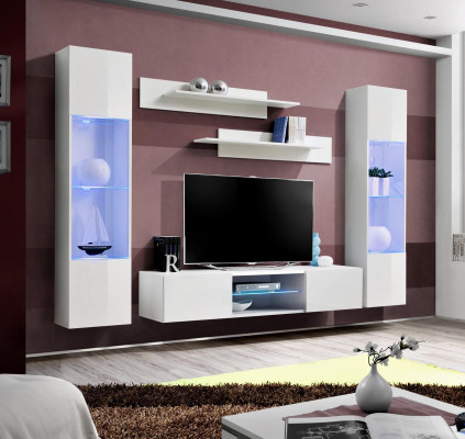 Blanco pared de la sala de estar estanterías colgantes vitrina completo salón diseñador.