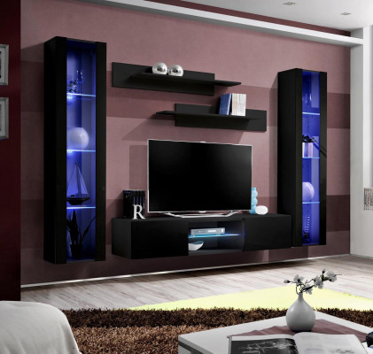 Juego de muebles de TV de 5 piezas en negro. Mueble de pared, armario de pared, soporte de TV. Nuevo diseño.