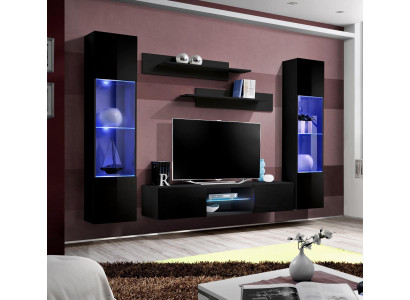 Mueble de salón negro, estanterías de pared, diseño completo de muebles, vitrina colgante nueva.