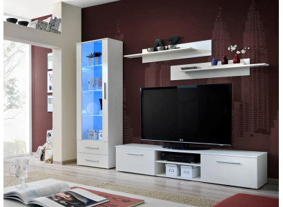 Mueble de salón blanco con soporte de TV, vitrina, aparador, mobiliario moderno, estanterías.