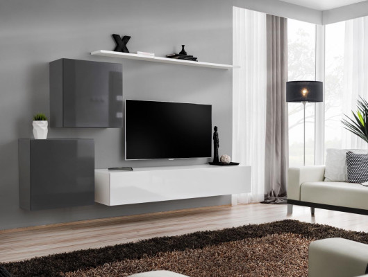 Conjunto de sala de estar de 4 piezas en estilo moderno, compuesto por bajo, estante de pared y armario de pared en color blanco.