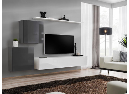 Conjunto de sala de estar de 4 piezas en estilo moderno, compuesto por bajo, estante de pared y armario de pared en color blanco.